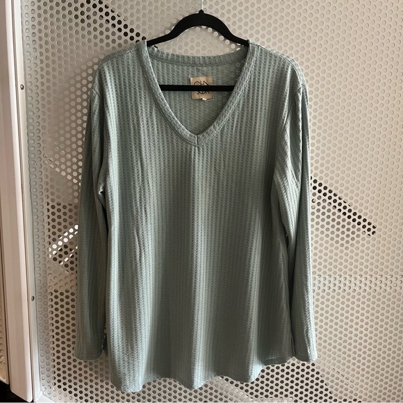 Chaser Waffle Knit Long Sleeve Vee Neck Thermal Top Size XL in Minty Blue NWT - Picture 2 of 12